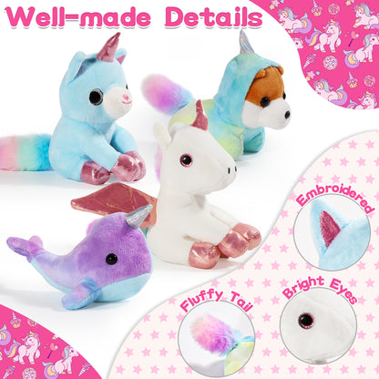 Unicorn Stuffed Animals for Girls Age 4-8, Unicorns Gifts for Girls, Unicorn Plush Toy, Set of 4 Stuffed Toy for Toddlers, with Squishies Rainbow Carry Bag