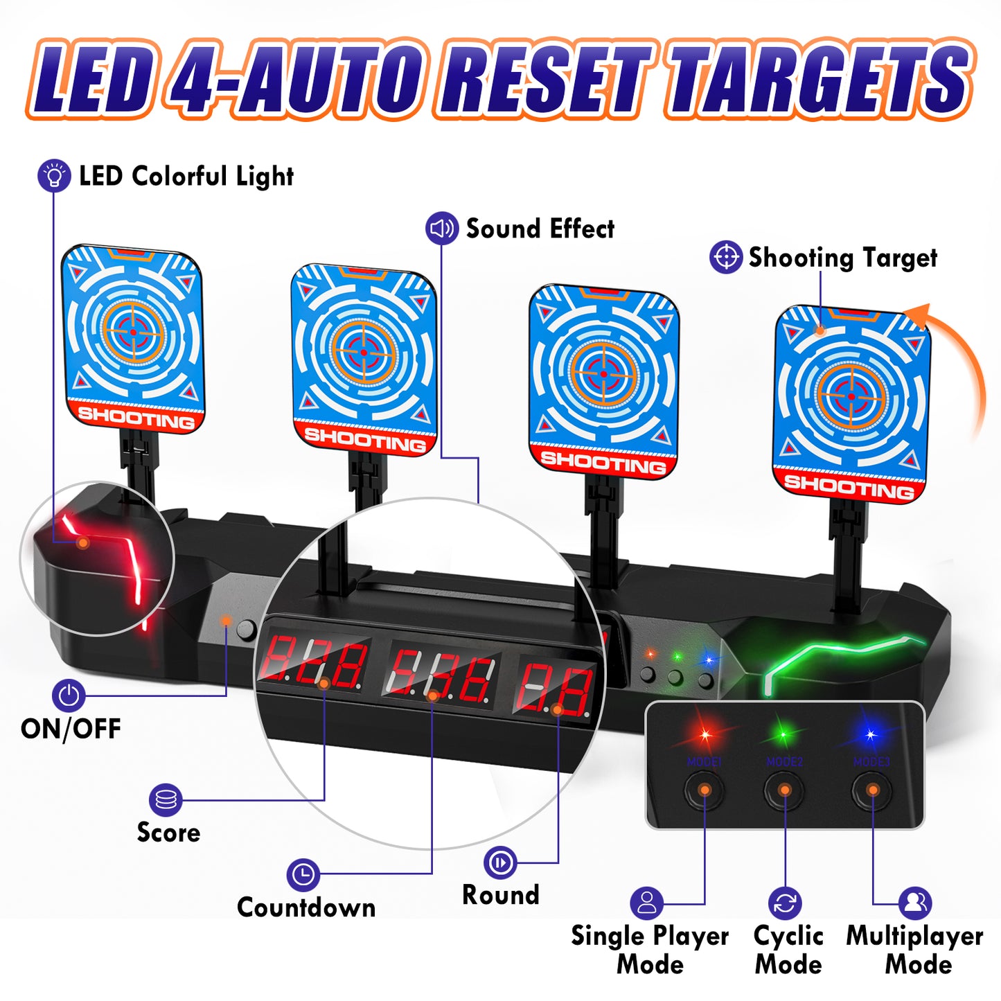 Electronic Shooting Targets for Nerf, Auto Reset Digital Target with LED Light, Gift Toy for Kids Boys Girls 4 5 6 7 8 - Black