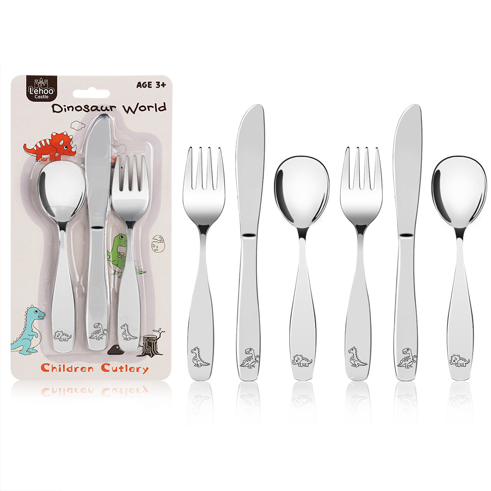 Lehoo Castle Kids Toddler Utensils Silverware Stainless Steel 6 Piece - Toddler Spoons and Forks Knife Set (Dinosaur World)