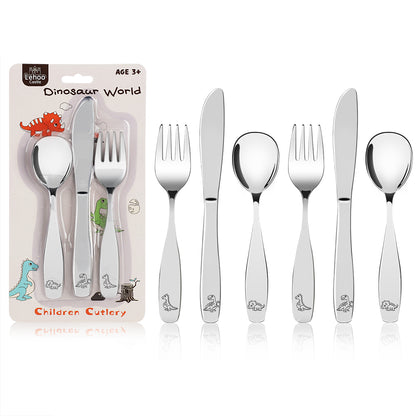 Lehoo Castle Kids Toddler Utensils Silverware Stainless Steel 6 Piece - Toddler Spoons and Forks Knife Set (Dinosaur World)