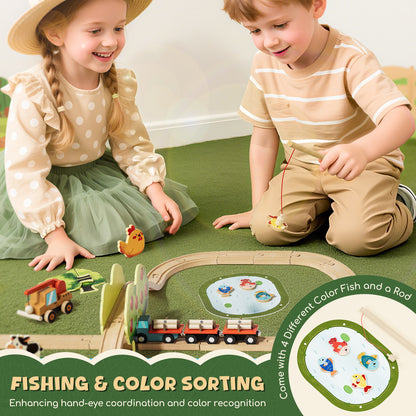 Farm Animals Train Toy Set, 77PCS Wooden Train Track Toy Set with Farm Accessories, Wooden Train Set for Kids 3 4 5 Year Old, Best Birthday Gift for Kids