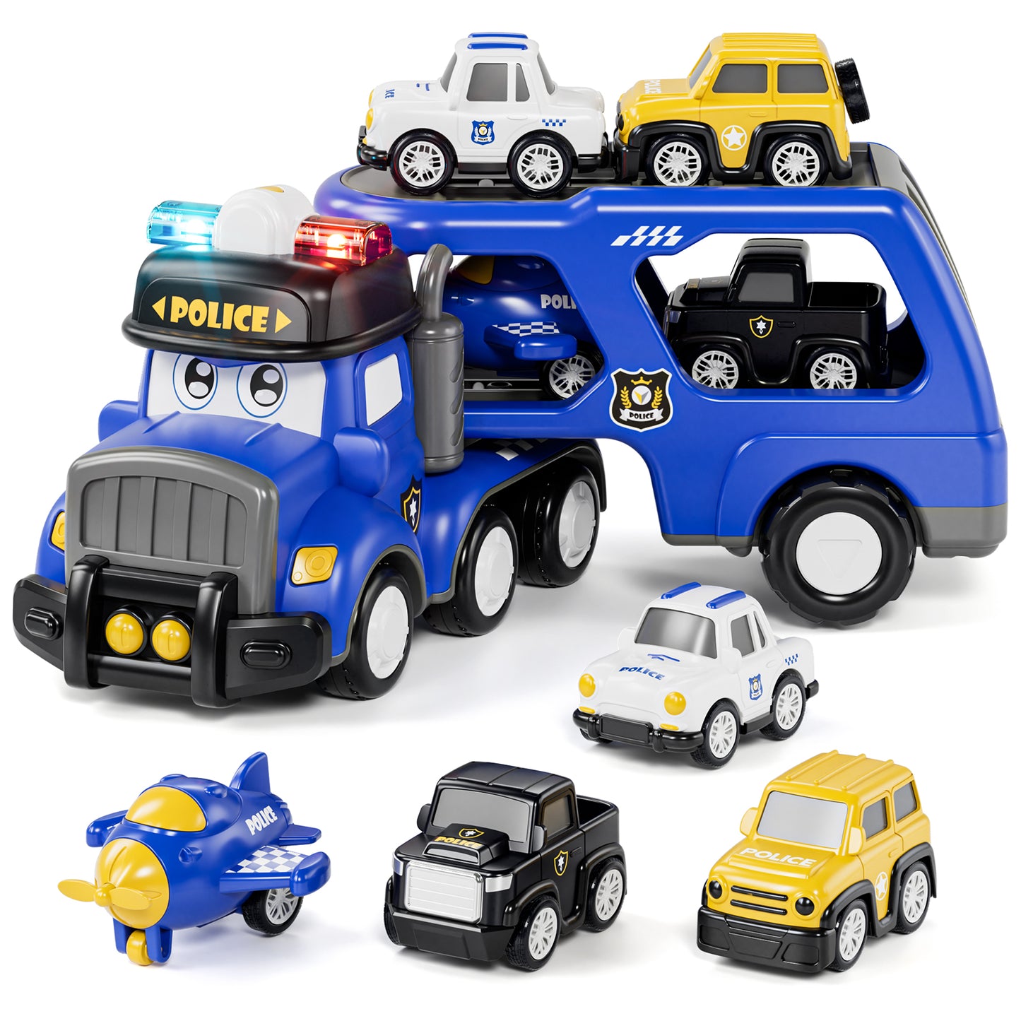 Toys for 2 Year Old Boy, Toy Trucks Car for Boys 2 3 4 5 Years Old, Police Truck Toys Cars with Lights & Sounds, 5 in 1 Toddler Carrier Truck Toy with 4 Pull Back Cars, Best Birthday Gifts for Boys