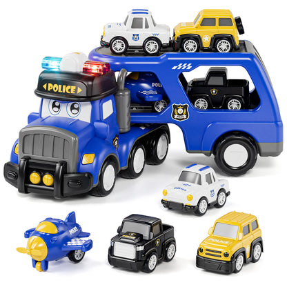 Toys for 2 Year Old Boy, Toy Trucks Car for Boys 2 3 4 5 Years Old, Police Truck Toys Cars with Lights & Sounds, 5 in 1 Toddler Carrier Truck Toy with 4 Pull Back Cars, Best Birthday Gifts for Boys
