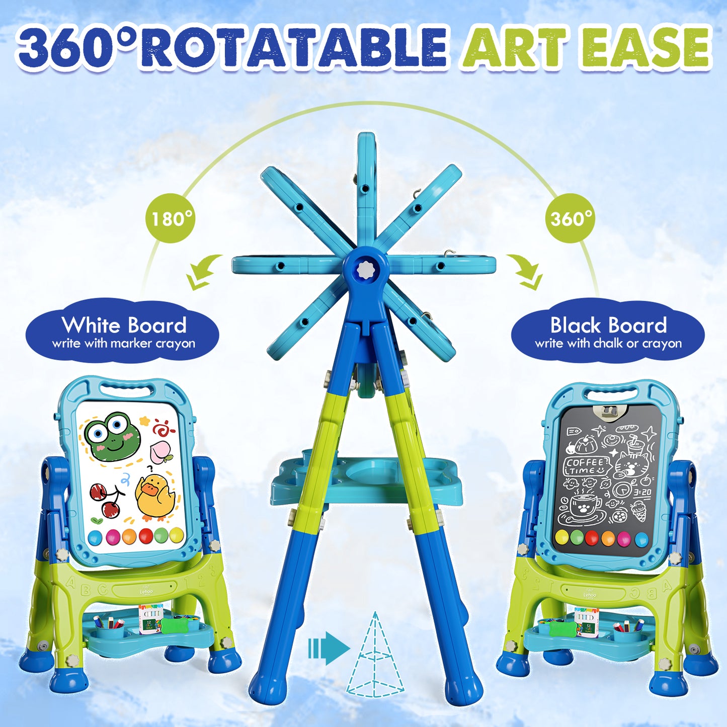 Easel for Kids, 4 in 1 Double Side Magnetic Chalk Board with Painting Accessories, Adjustable Standing Art Easel for Toddler, Kids Art Easel for Boys Girls Birthday Gift - Blue