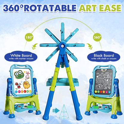 Easel for Kids, 4 in 1 Double Side Magnetic Chalk Board with Painting Accessories, Adjustable Standing Art Easel for Toddler, Kids Art Easel for Boys Girls Birthday Gift - Blue