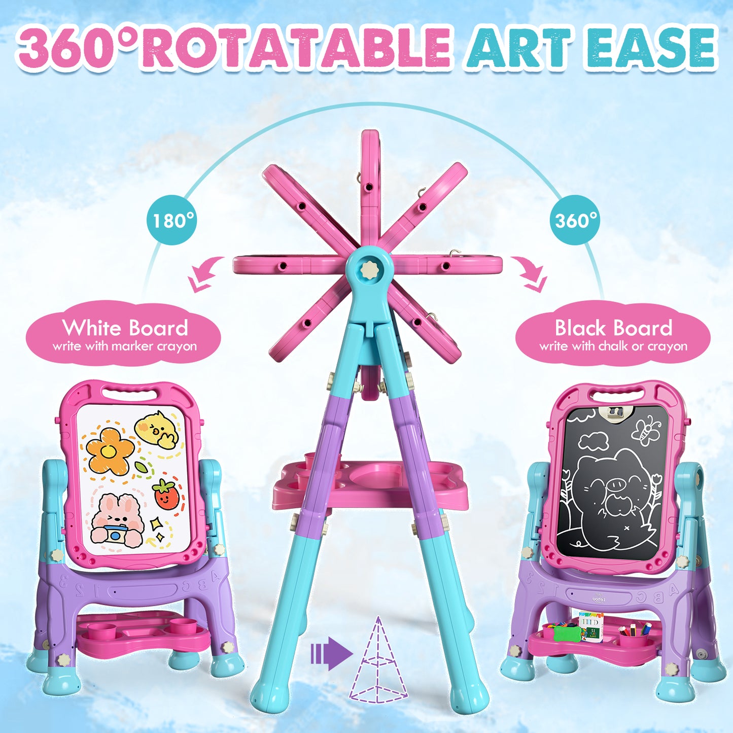 Easel for Kids, 4 in 1 Double Side Magnetic Chalk Board with Painting Accessories, Adjustable Standing Art Easel for Toddler, Kids Art Easel for Boys Girls Birthday Gift - Blue Purple