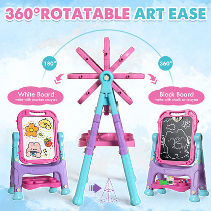Easel for Kids, 4 in 1 Double Side Magnetic Chalk Board with Painting Accessories, Adjustable Standing Art Easel for Toddler, Kids Art Easel for Boys Girls Birthday Gift - Blue Purple