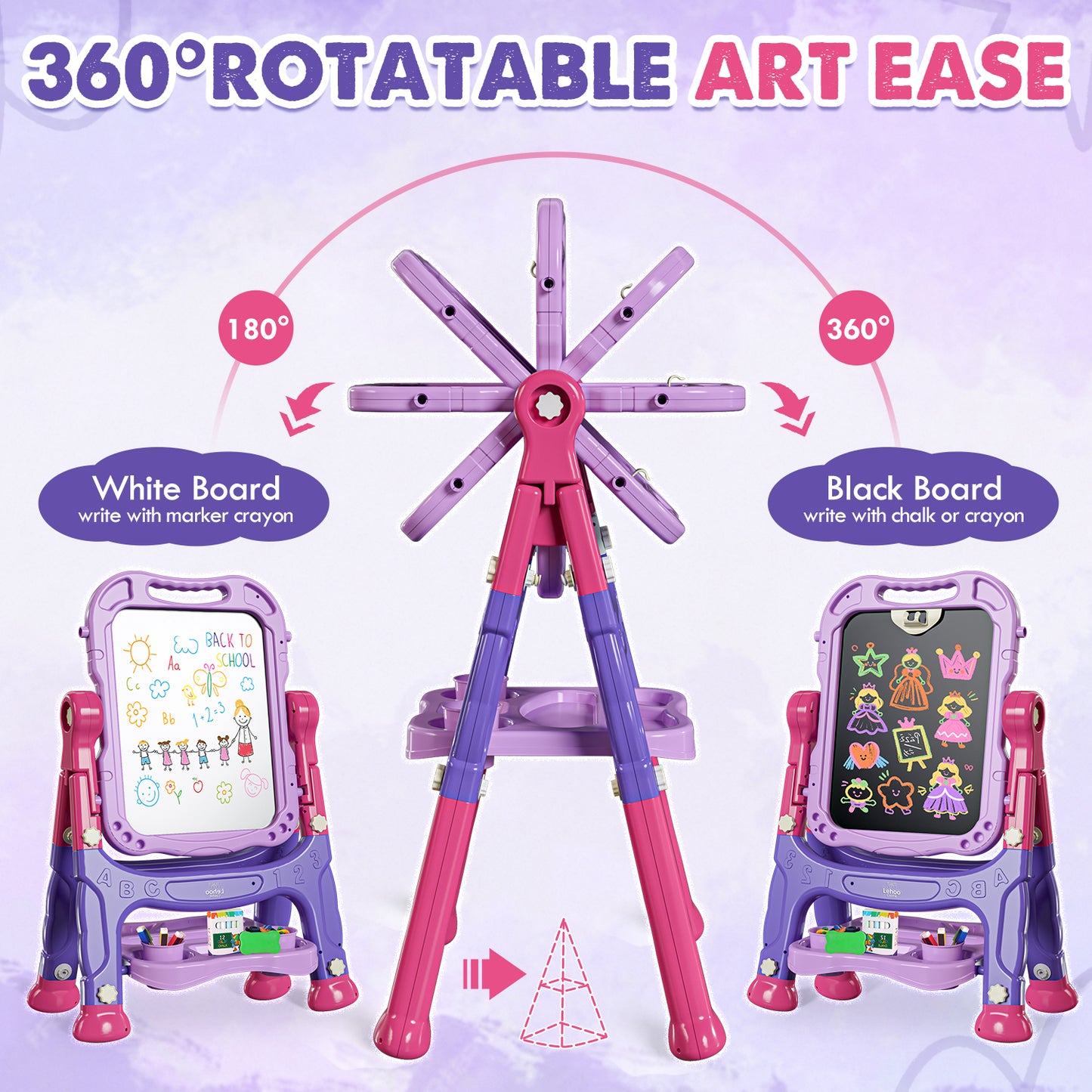 Easel for Kids, 4 in 1 Double Side Magnetic Chalk Board with Painting Accessories, Adjustable Standing Art Easel for Toddler, Kids Art Easel for Boys Girls Birthday Gift - Purple