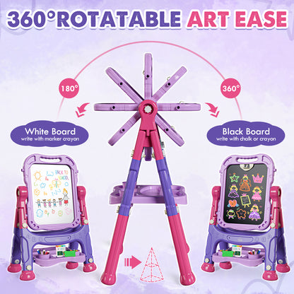 Easel for Kids, 4 in 1 Double Side Magnetic Chalk Board with Painting Accessories, Adjustable Standing Art Easel for Toddler, Kids Art Easel for Boys Girls Birthday Gift - Purple