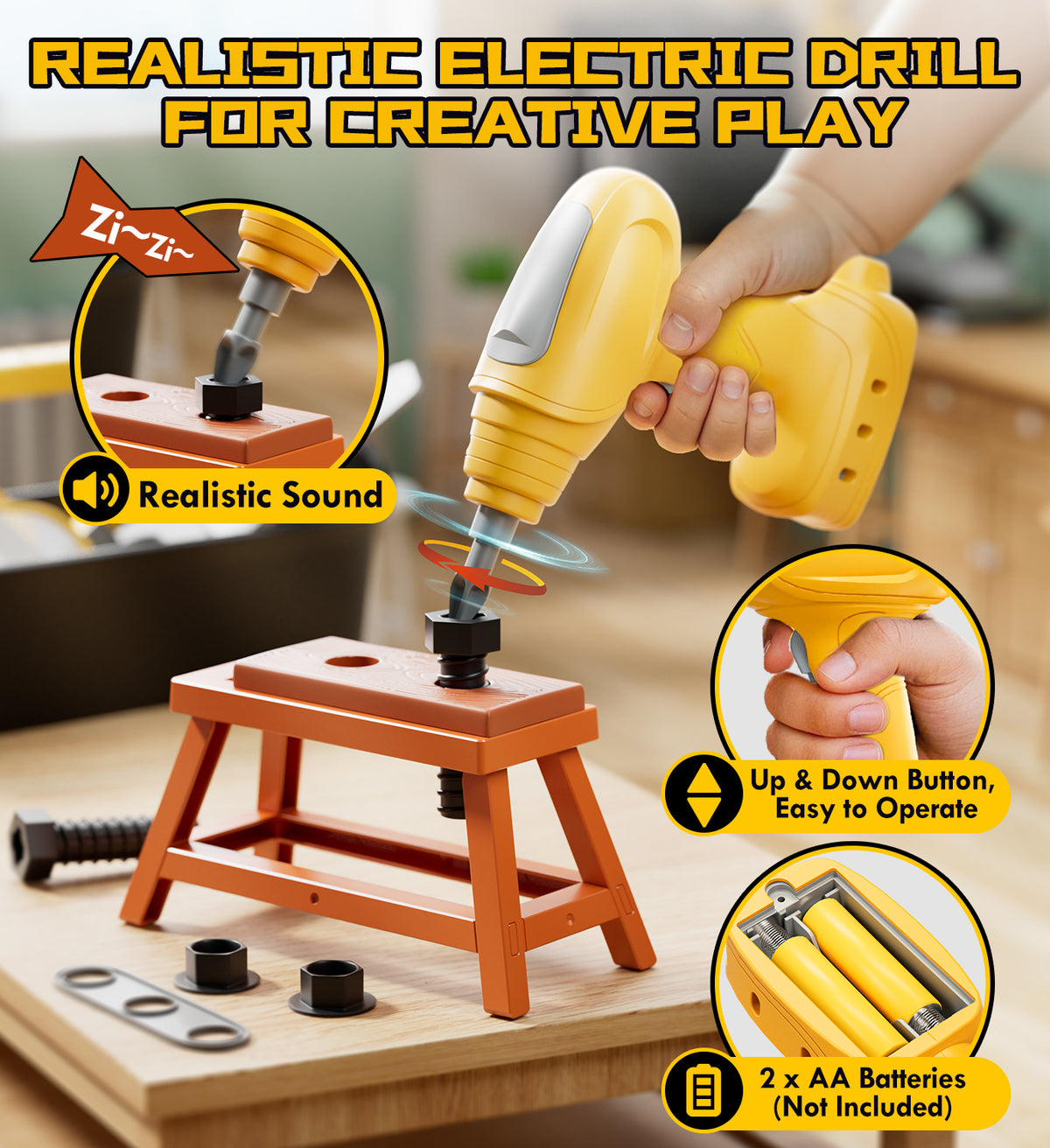 Kids Tool Set – Toddler Tool Set with Construction Vehicle & Electronic Toy Drill, Pretend Play Kids Toys, Toy Construction Tools for Kids Ages 3 4 5 6 7 8 Years Old (Black & Yellow)