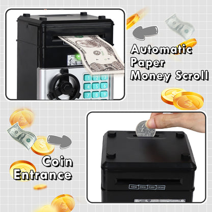 Piggy Bank for Kids Girls Boys, Large Electronic Money Saving Box with Password Protection, Automatic Paper Money Scroll - Black