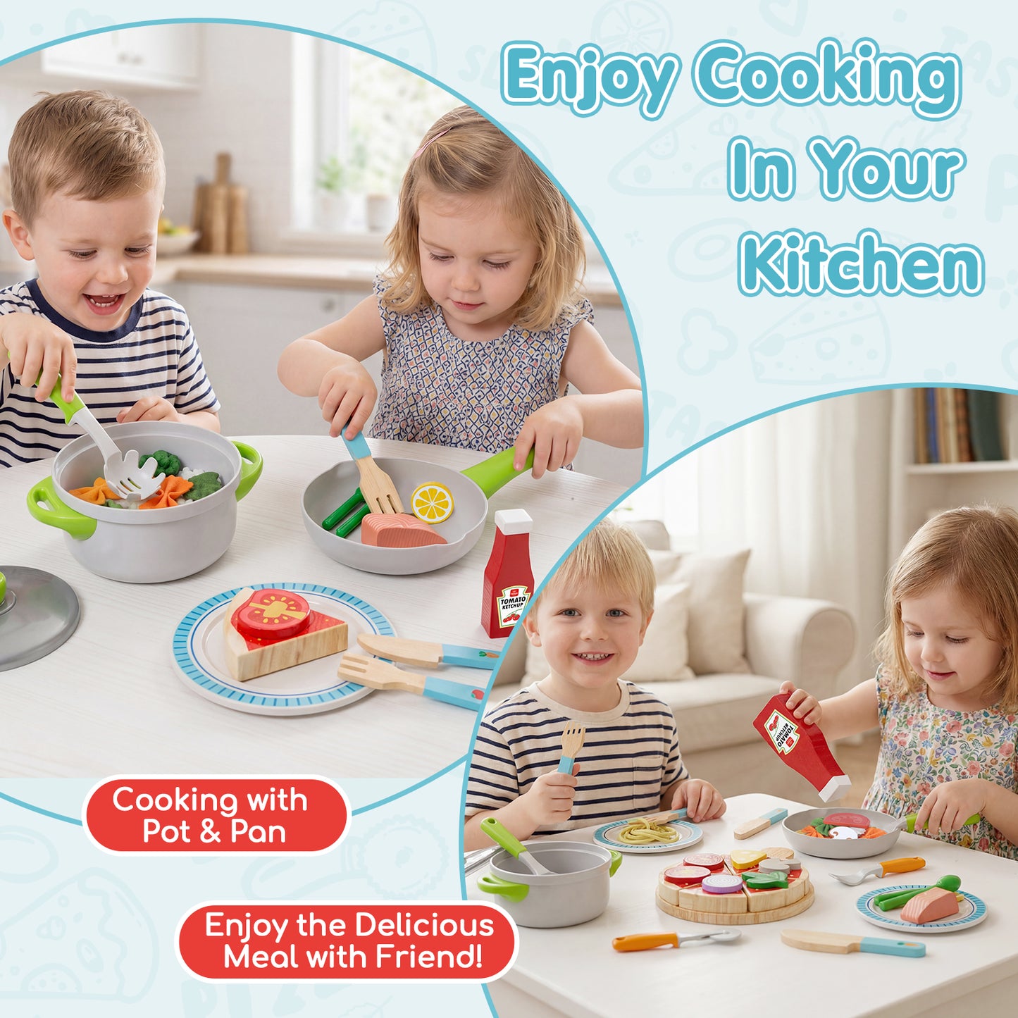 Play Food Sets, Play Kitchen Accessories for Kids, Wooden Pizza Toys, Pretend Play Food for 3 4 5 6 Year Old Kids, Best Gifts for Birthday Christmas