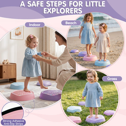 Stepping Stones for Kids, Upgraded Support Bones, 5 Pcs Non-Slip Balance Stepping Stones with Light & Music, Up to 220 lbs, Coordination Skills Sensory Toys, Outdoor Toys for Kids Ages 4 8 - Purple