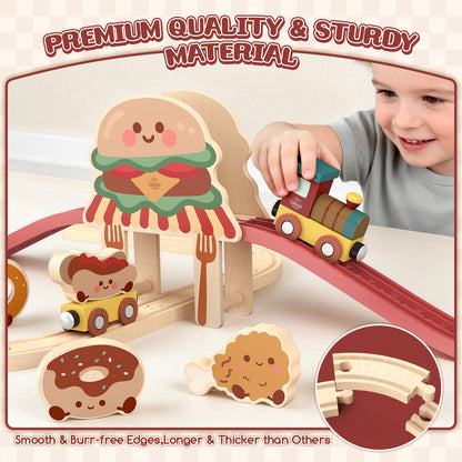 Train Set, Wooden Train Set for Kids, Wooden Train Toy for Girls Boys 2 3 4 5 Year, Train Set with Hamburger & Bread Accessories, Compatible with Other Brands