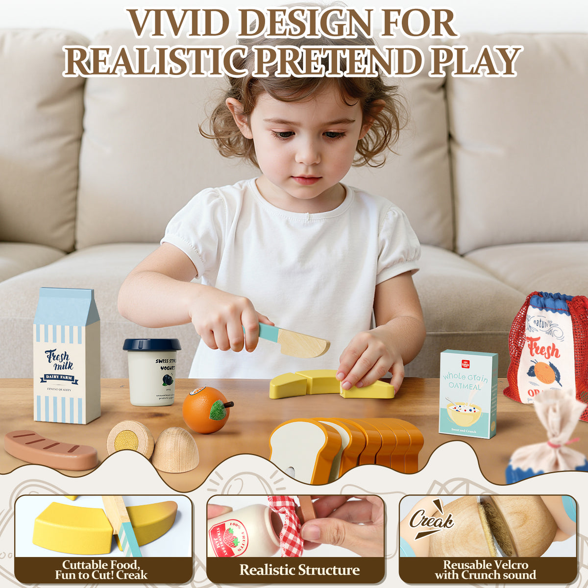 Play Food Sets, Wooden Play Kitchen Accessories Kids Cutting Pretend Play Fake Food Toys for 3 4 5 6 7 Years Girls Boys Toddlers Toys