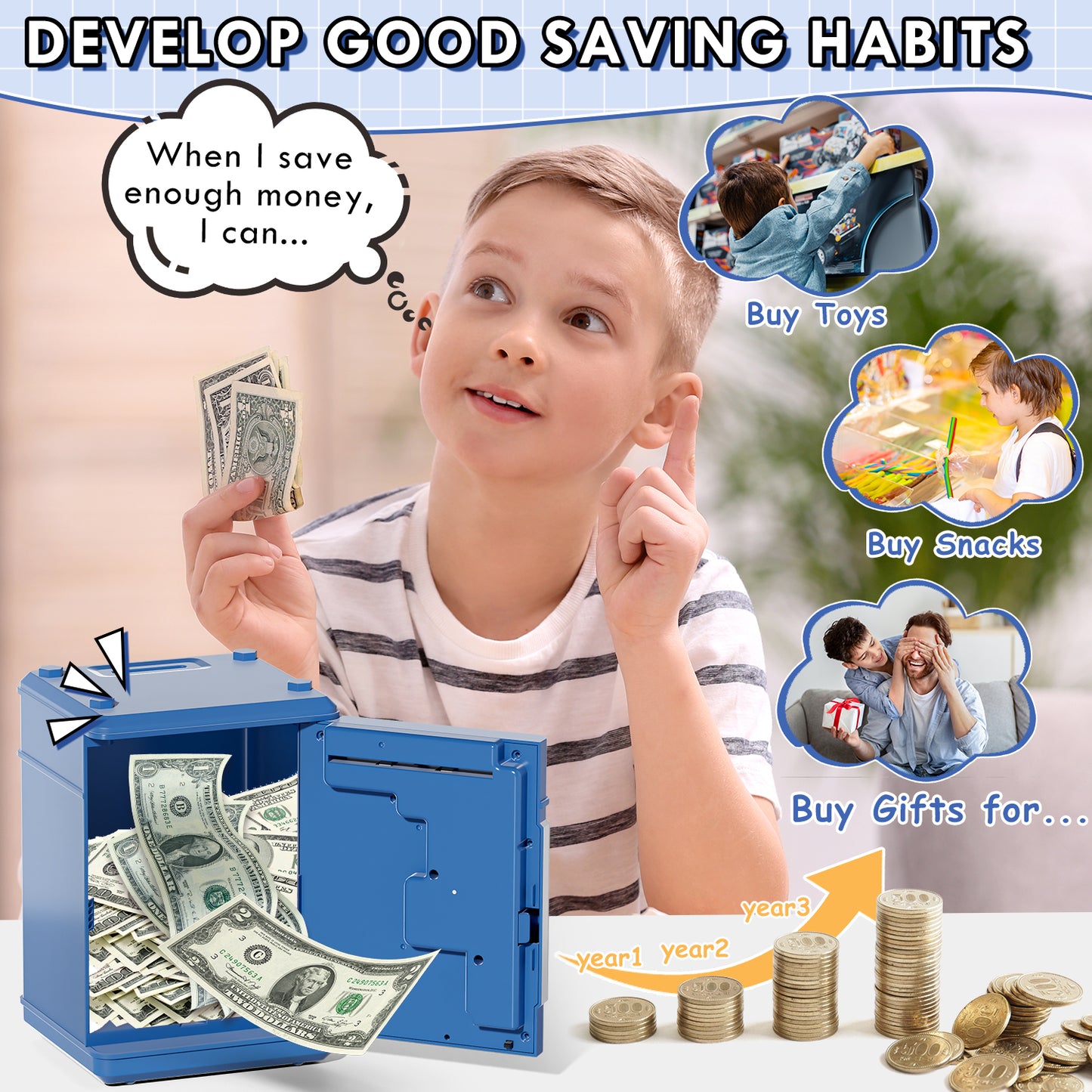 Piggy Bank Toy with Password and Fingerprint Unlocking Simulation, Automatic Electronic Piggy Bank with Music for Kids, Cash Coin Can ATM Bank for 3 4 5 6 7 8 9 Year Old Boys Girls - Blue