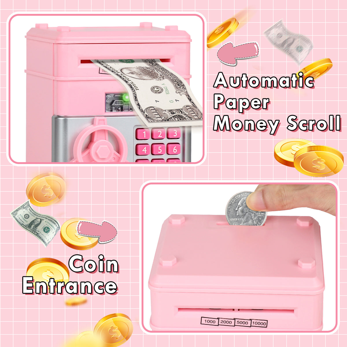 Piggy Bank for Kids Girls Boys, Large Electronic Money Saving Box with Password Protection, Automatic Paper Money Scroll - Pink