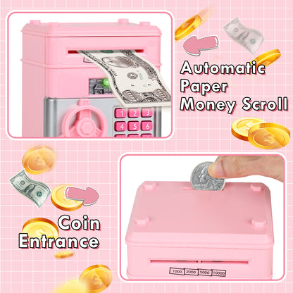 Piggy Bank for Kids Girls Boys, Large Electronic Money Saving Box with Password Protection, Automatic Paper Money Scroll - Pink