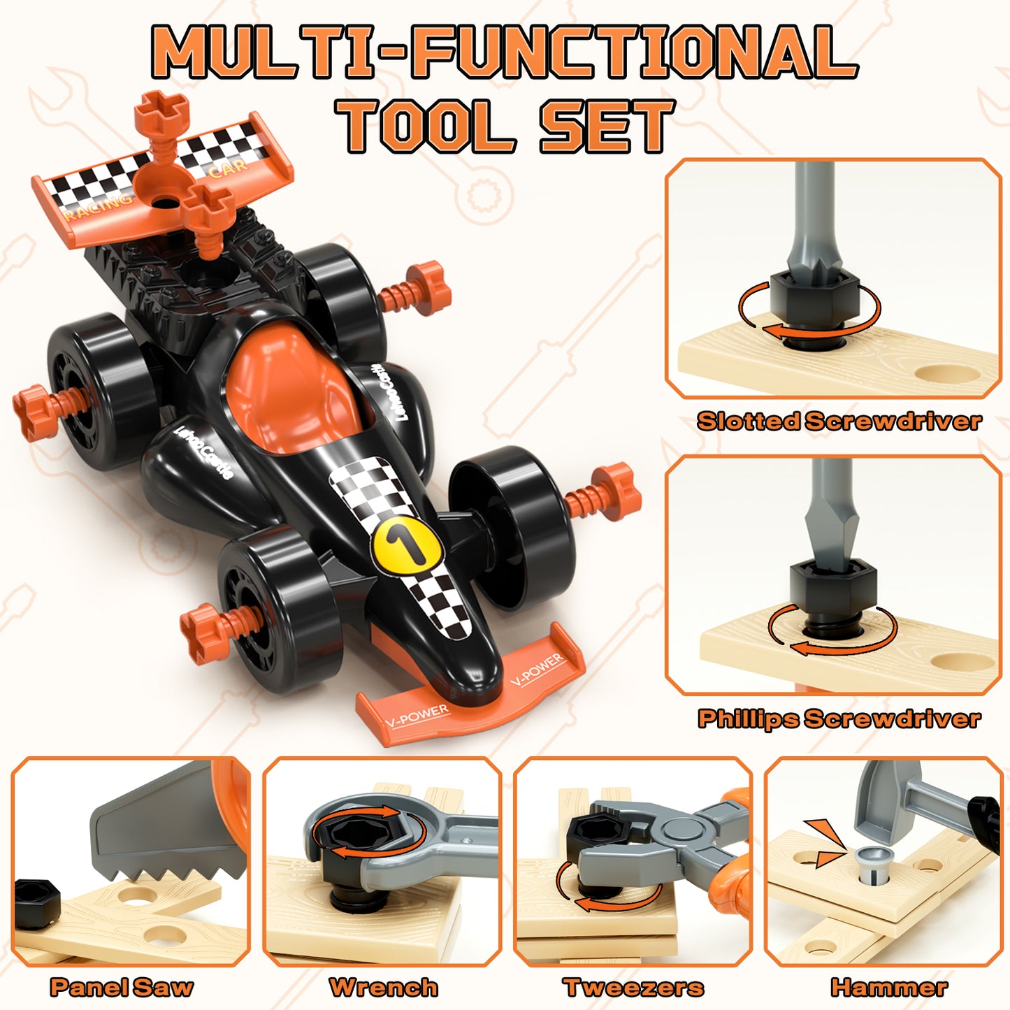 Kids Tool Set for Boys 2-4, Kids Tool Set with Carrying Case & Toy Drill & Racing Car, Montessori Stem Educational Pretend Play Construction Toy, Toys for 3 Year Old Boys Birthday Gifts - Orange