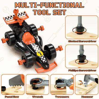 Kids Tool Set for Boys 2-4, Kids Tool Set with Carrying Case & Toy Drill & Racing Car, Montessori Stem Educational Pretend Play Construction Toy, Toys for 3 Year Old Boys Birthday Gifts - Orange