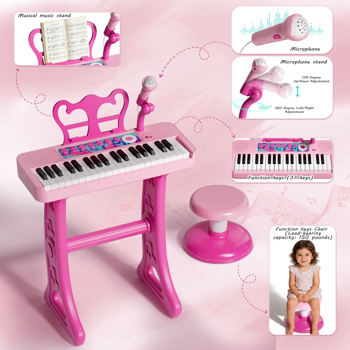 Keyboard Piano for Kids, 37 Keys Musical Instruments with Microphone & Stood & Chair, Musical Toys for 1 2 Years, Birthday Christmas Gifts for 1 2 3 Year Old Girls