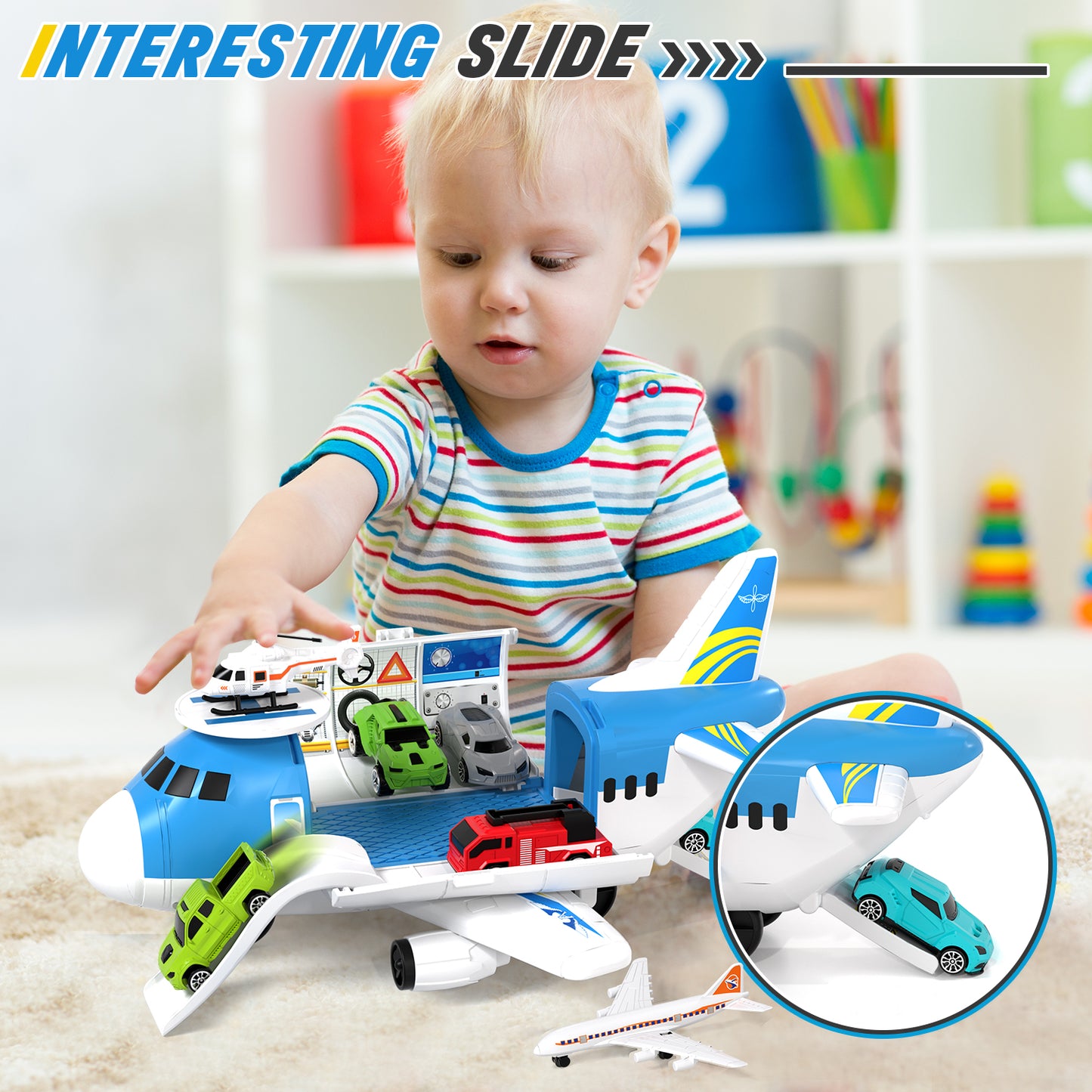 Airplane Toys, Toys for 2+ Year Old Boys, Transport Airplane with 6 Race Cars, 6 Carrier Cars, 2 Airplanes, 1 Helicopter, 1 Map, 2 Year Old Boy Birthday Gift