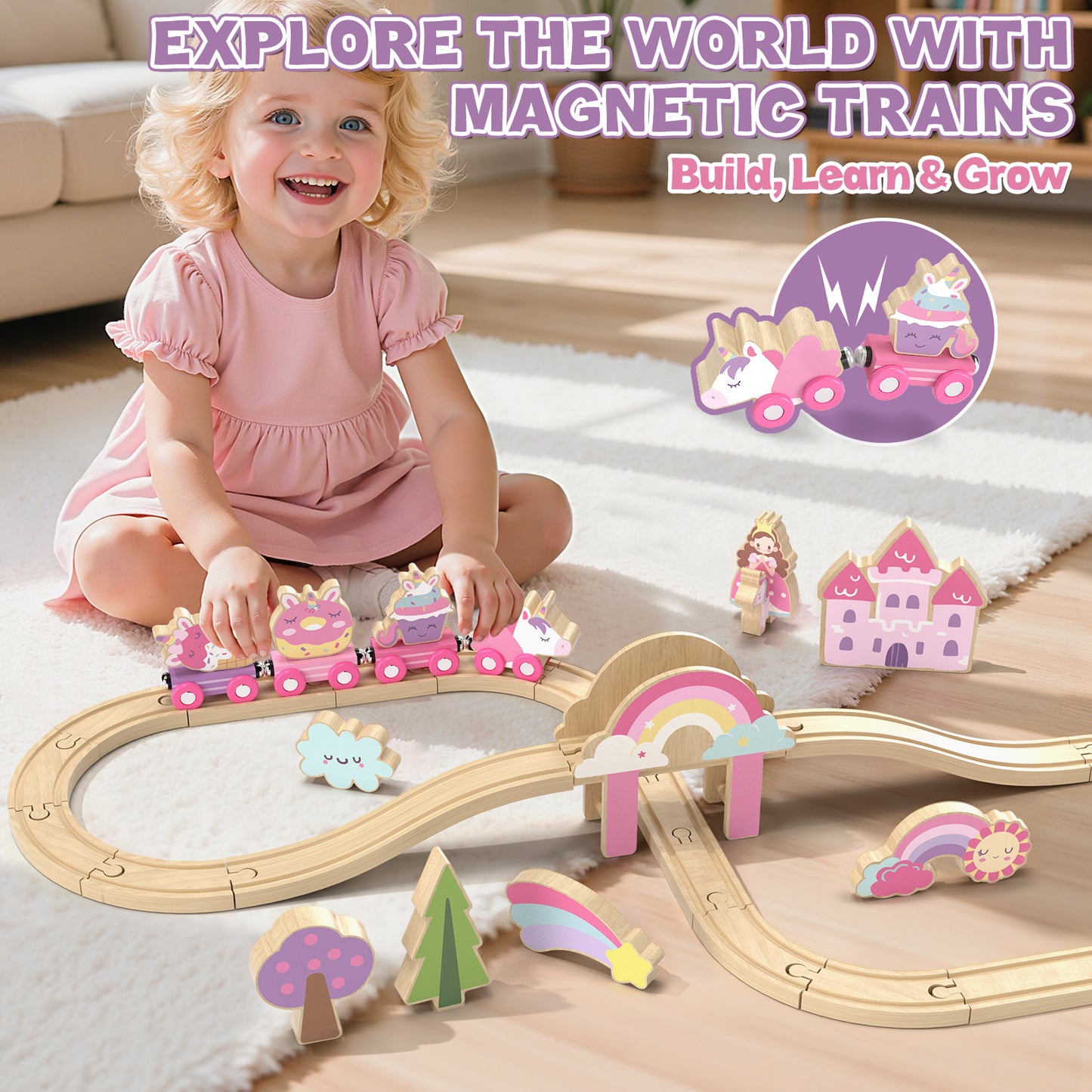Train Set, 39 Pcs Wooden Train Set for Kids, Train Toy for Girls Boys 2 3 4 5 Year, Unicorn Train Track Set with 4 Magnetic trains & Accessories, Compatible with Other Brands