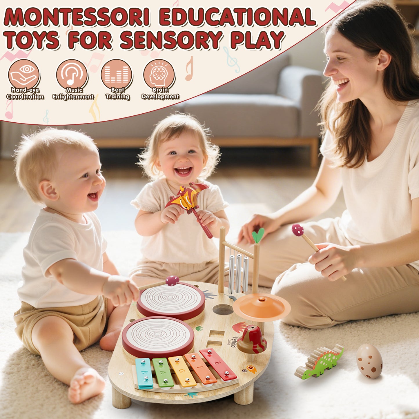Kids Drum Set, Toys for 1 Year Old, Wooden Musical Instruments for Toddlers, Preschool Educational Xylophone Drum Kit, Montessori Toys for Boys 1-3 Years Old Christmas Birthday Gifts