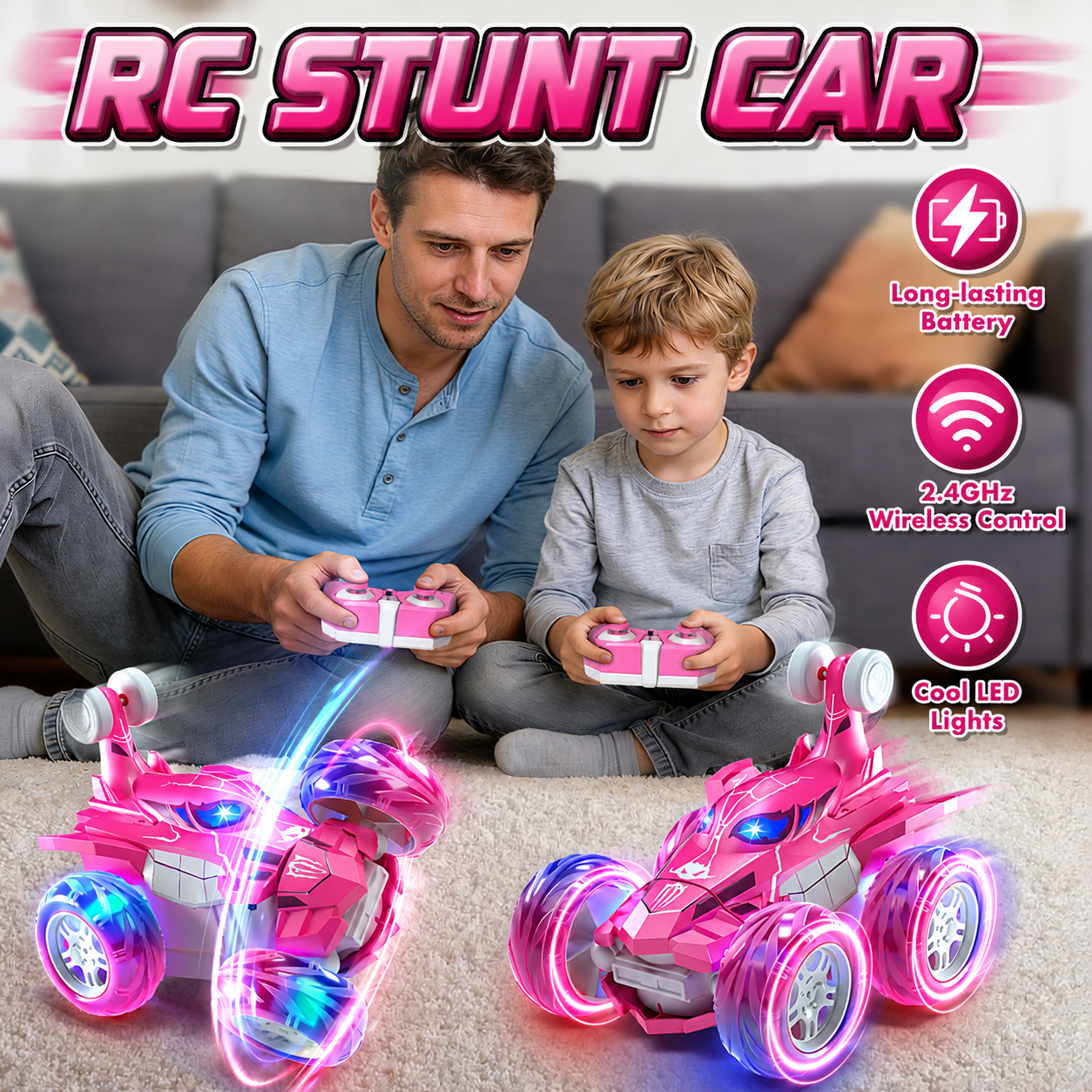 Remote Control Car, RC Cars, 2.4Ghz Fast Stunt with Cool Lights, 360° Rotation Race Car, Outdoor Toys for Boys 5-10 Year Old, Best Gift for Birthday
