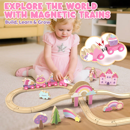 Train Set, 39 Pcs Wooden Train Set for Kids, Train Toy for Girls Boys 2 3 4 5 Year, Unicorn Train Track Set with 4 Magnetic trains & Accessories, Compatible with Other Brands