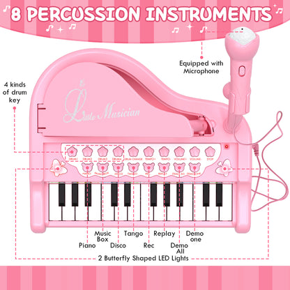 Piano Keyboard Toy for Girls - Toys for 1 2 3 Years Old Girls, 24 Keys Toddler Piano Music Toy Instruments with Microphone, Birthday Gift Toys for Girls Boys Aged 1 2 3
