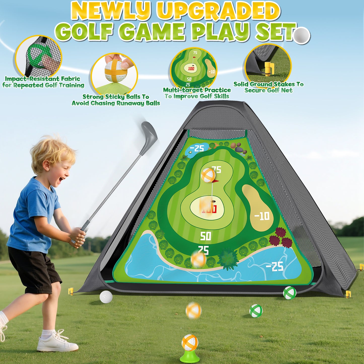 Golf Toys Set for Kids, Golf sticky target with Sticky Ball, Golf Putting Practice Mat with Storage Bag, Sticky Practice Golf Game Set for 2 3 4 5 6 Year Old Boys Girls Indoor Outdoor