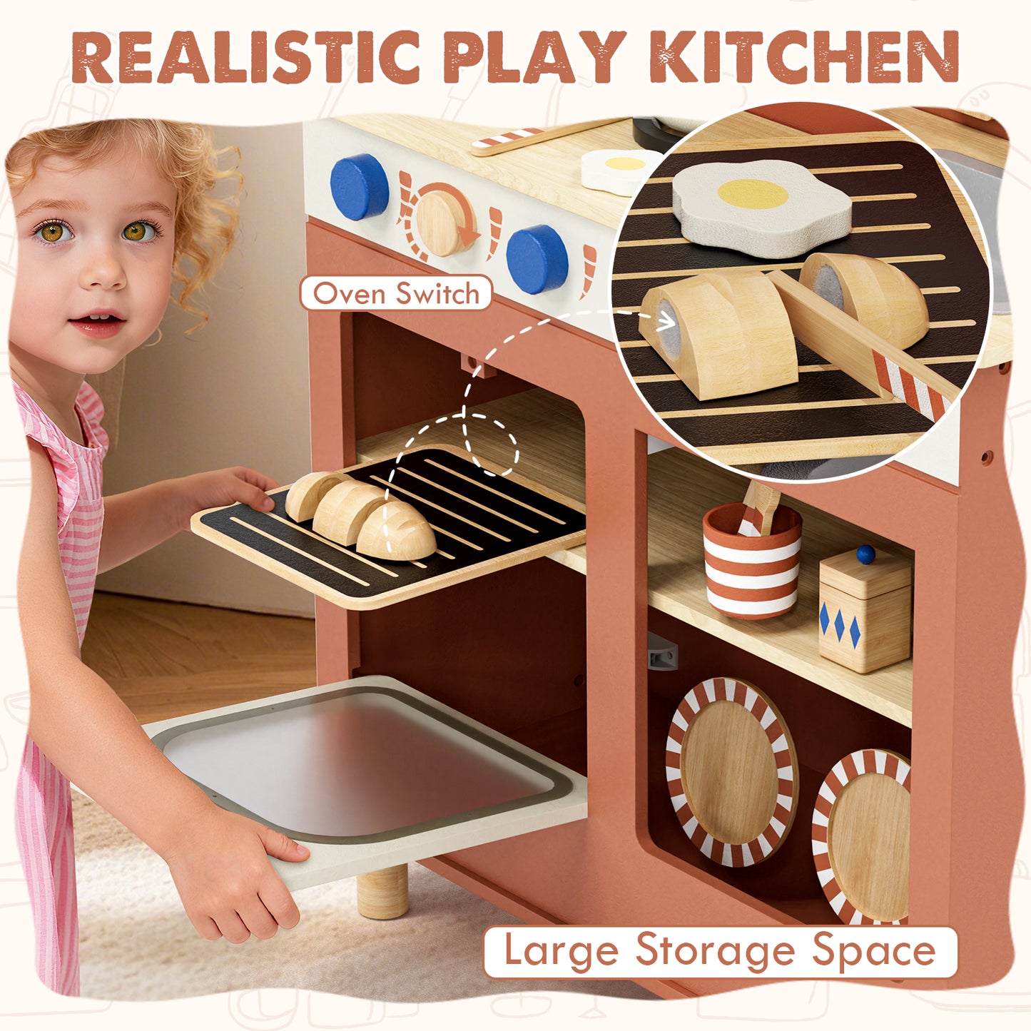 Play Kitchen, Kids Wooden Kitchen Play Set with Cutting Play Food, Pretend Play Stove + Play Sink + Oven, Toy Kitchen Set for 2 3 4 Years Old Girls Boys, Best Birthday Christmas Gifts