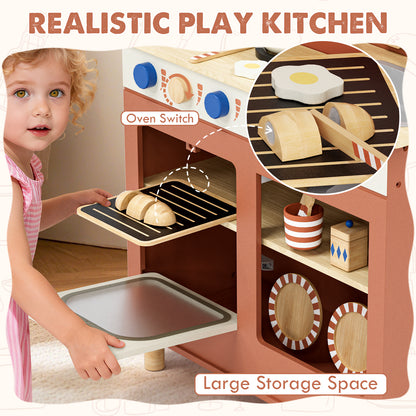 Play Kitchen, Kids Wooden Kitchen Play Set with Cutting Play Food, Pretend Play Stove + Play Sink + Oven, Toy Kitchen Set for 2 3 4 Years Old Girls Boys, Best Birthday Christmas Gifts