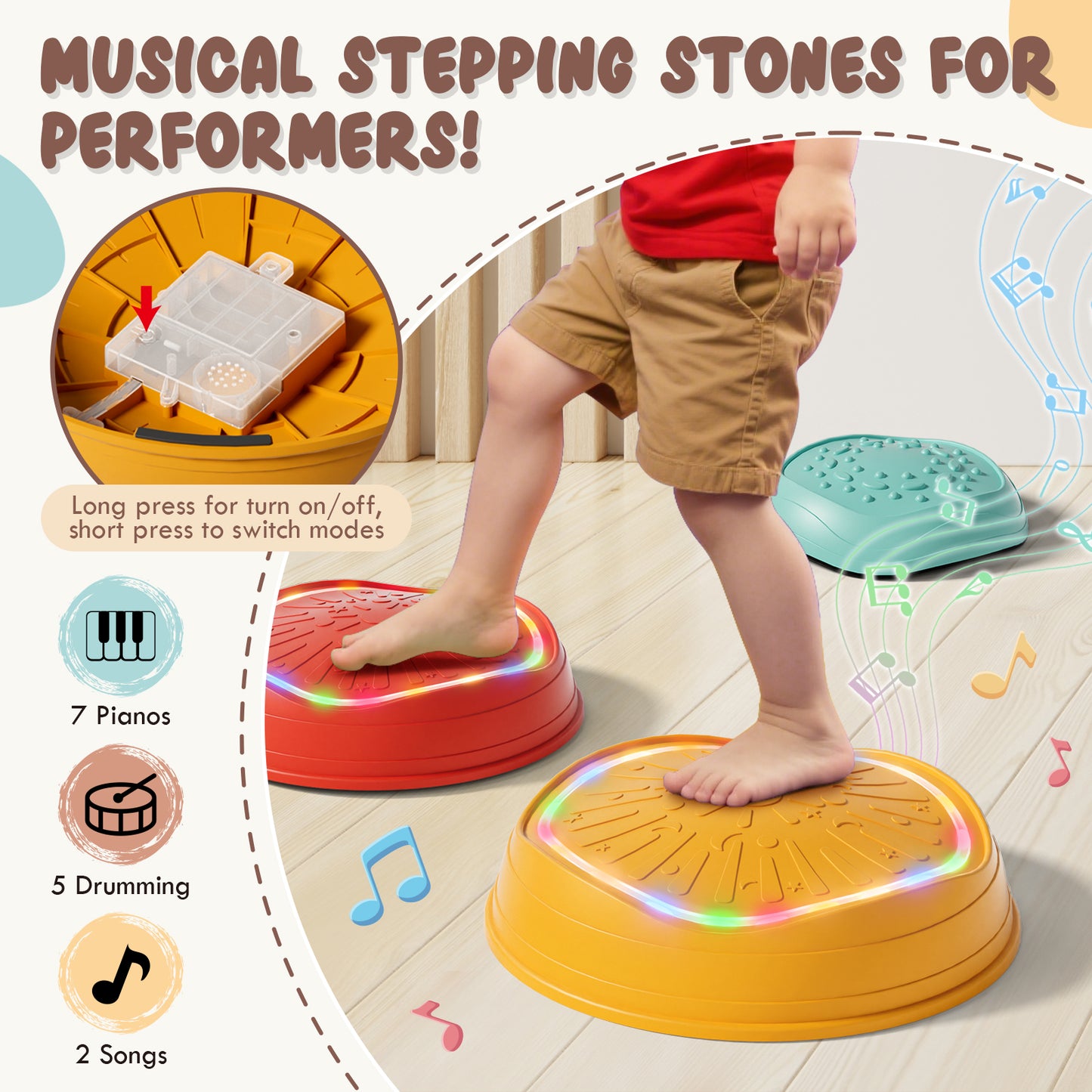 Stepping Stones for Kids, Upgraded Support Bones, 5 Pcs Non-Slip Balance Stepping Stones with Light & Music, Up to 220 lbs, Coordination Skills Sensory Toys, Outdoor Toys for Kids Ages 4 8