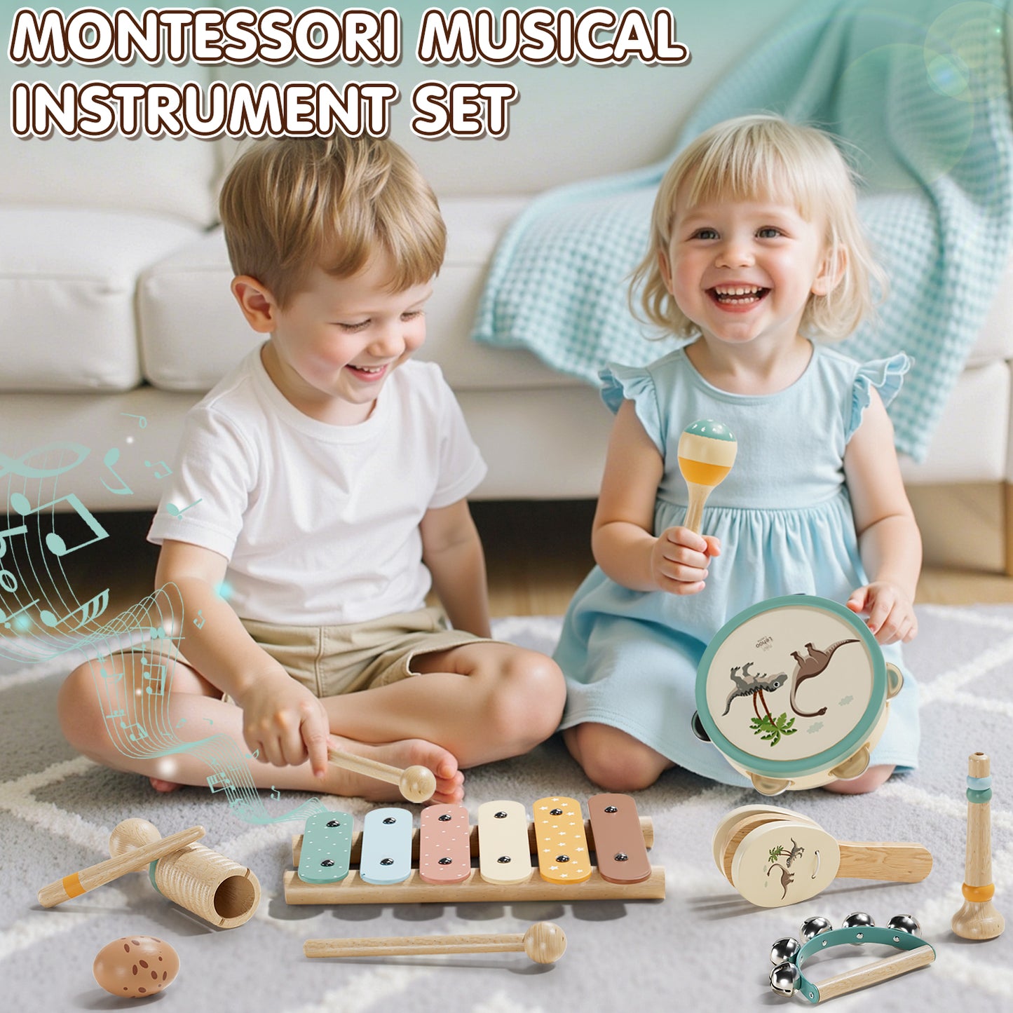 Musical Instruments for Kids, 1 Year Old Toys, Baby Musical Toys for 1 2 3 Toddler, Wooden Musical Toys with Xylophone & Tambourine, Dinosaur Toys, Montessori Learning Toys for 1 Year Old
