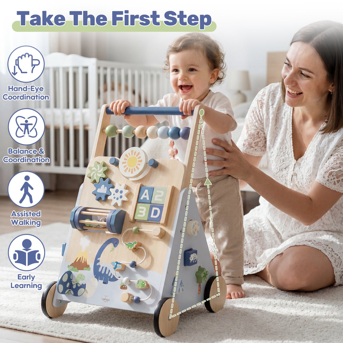 Baby Walker, Wooden Baby Push Walker with Activity Center, Push Walker Toys for Toddler Learning to Walk & Sit-to-Stand, Walking Toys for 1 Year Old