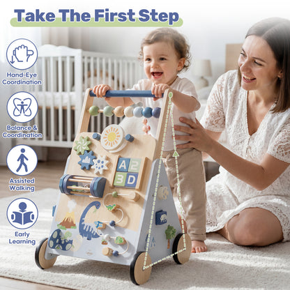 Baby Walker, Wooden Baby Push Walker with Activity Center, Push Walker Toys for Toddler Learning to Walk & Sit-to-Stand, Walking Toys for 1 Year Old