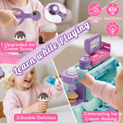 Ice Cream Toys for Toddlers 3-5, Pretend Play Food Toys for Girls, Ice Cream Counter Playset, Ice Cream Shop Toys for Kids, Include Checkout Counter with POS, Best Birthday Christmas Gift for Girls