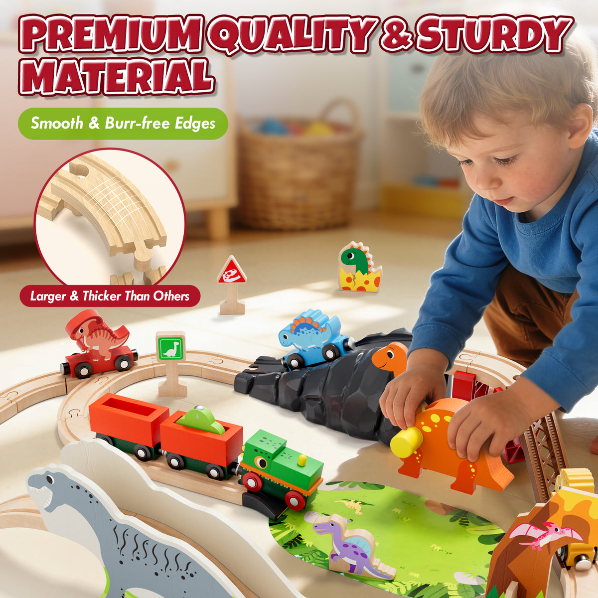Train Set, Wooden Train Set for Kids Ages 4-8, Railway Track Toy Set with Locomotive, 3 Dinosaur Cars, Compatible with Other Brands