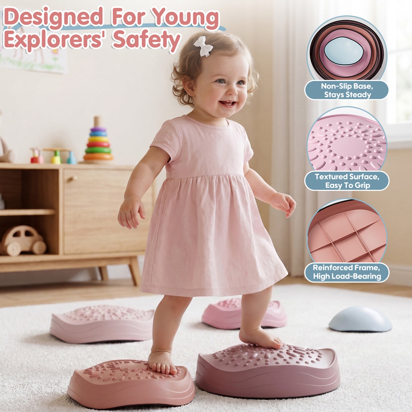 Stepping Stones for Kids, 5Pcs Non-Slip Balance Stepping Stones, Up to 220lbs, Coordination Skills Sensory Toys for Toddlers Ages 2 3 4 5+, Indoor and Outdoor Toys Lawn Games - Pink