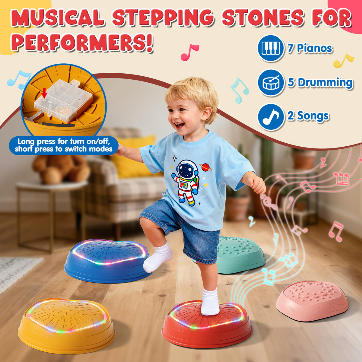 Stepping Stones for Kids, 5pcs Non-Slip Stepping Stones with Light & Music, Toddler Coordination Sensory Game, Upgraded Support Bones, Up to 220 lbs, Stepping Stones for Kids 3-5 6-8 Year Old
