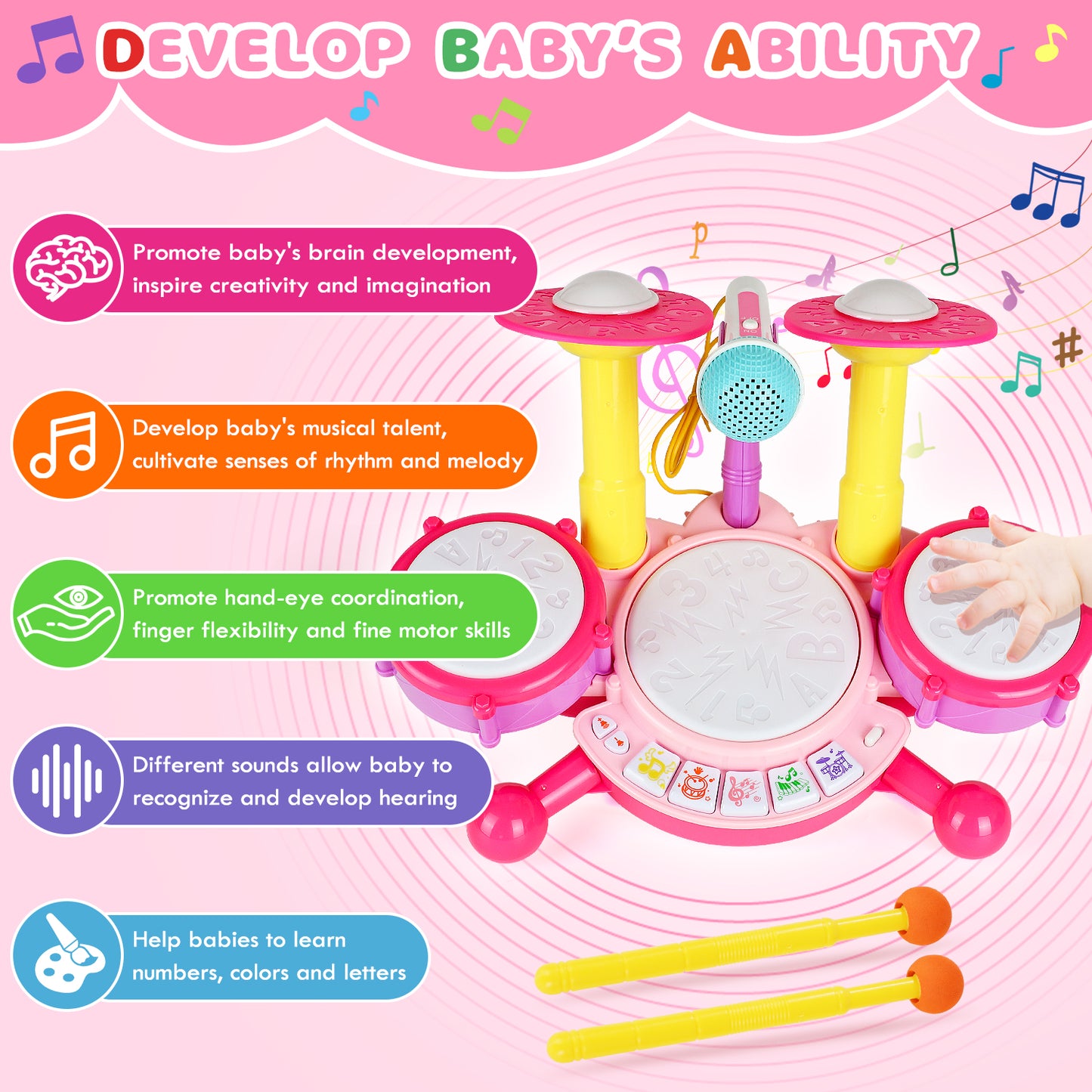 Kids Drum Set, Toddler Drum Set with 2 Drumsticks and Microphone, Kids Musical Toys, Baby Drum Set Toy for 1 2 3 Year Old Boys Girls - Pink