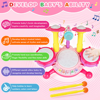 Kids Drum Set, Toddler Drum Set with 2 Drumsticks and Microphone, Kids Musical Toys, Baby Drum Set Toy for 1 2 3 Year Old Boys Girls - Pink