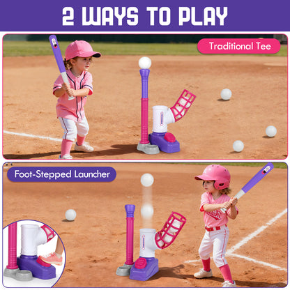 T Ball Set Toys, Baseball Sports & Outdoors Toy with 6 Balls & Auto Baseball Launcher, T Ball Set for 2 3 4 5 Year Old - Pink