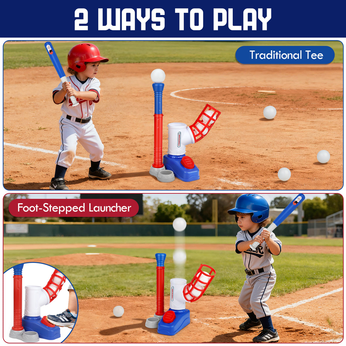 T Ball Set Toys, Baseball Sports & Outdoors Toy with 6 Balls & Auto Baseball Launcher, T Ball Set for 2 3 4 5 Year Old - Blue