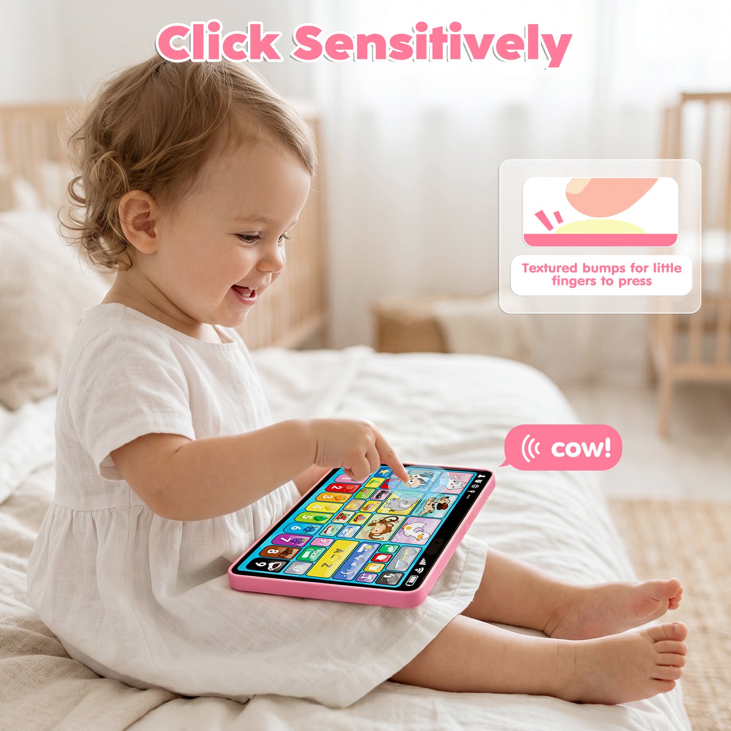 Learning Toys for Toddlers 1 3, Trilingual Learning Tablet with Music and Lights, Montessori Speech Therapy Toys, Education Learning Toys for Kids Ages 1-3 - Pink
