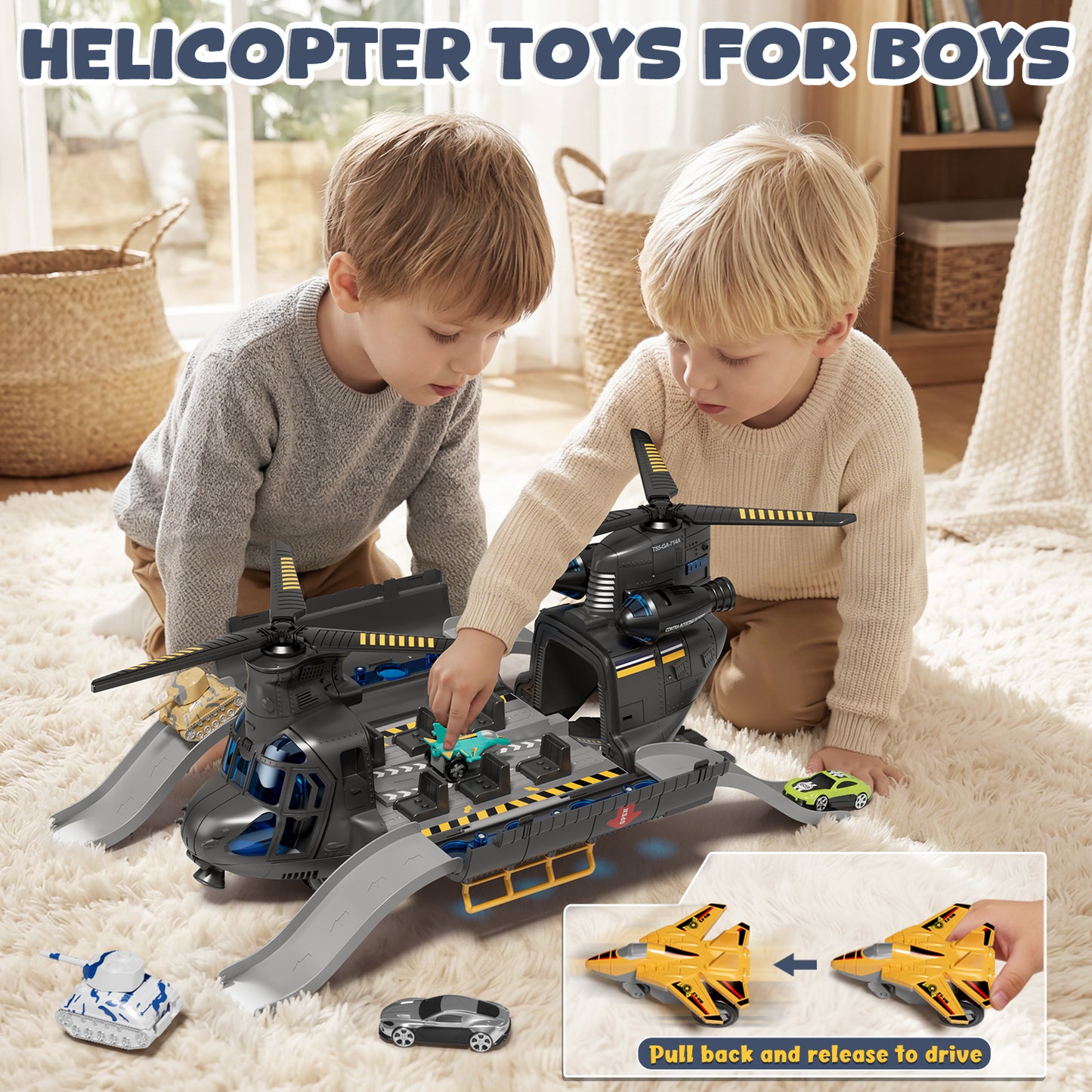 Helicopter Toys for Boys, Helicopter Toys Set with Light & Sound, Trucks, Airplanes, Cars, Airplane Toys for Boys, Christmas Birthday Gifts for Kids 3 4 5 6 Year Old