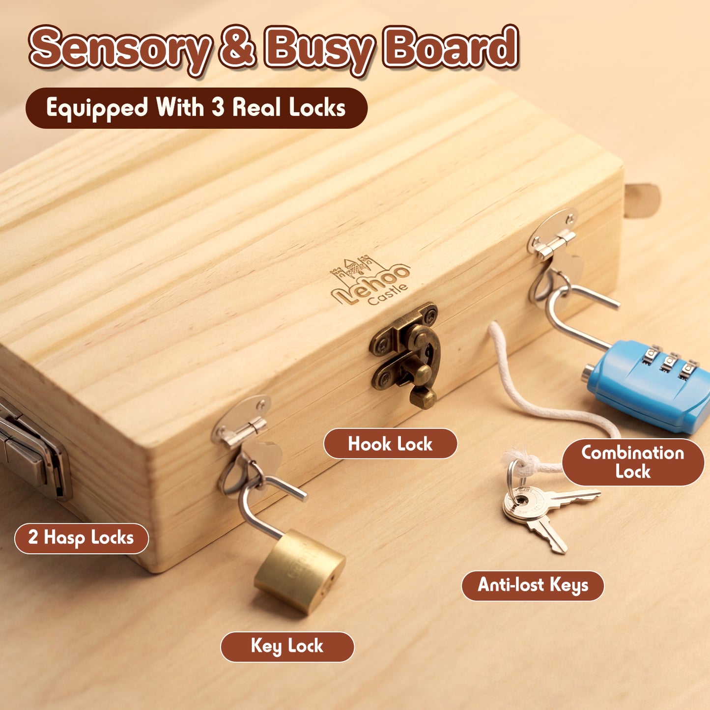 Montessori Busy Board, Montessori Toys for 3 Year Old, Portable Busy Board with Lock and Key for 3 4 5 Year Old Kids, Wooden Kids Tool Set with Storage Box, Preschool Learning Toys