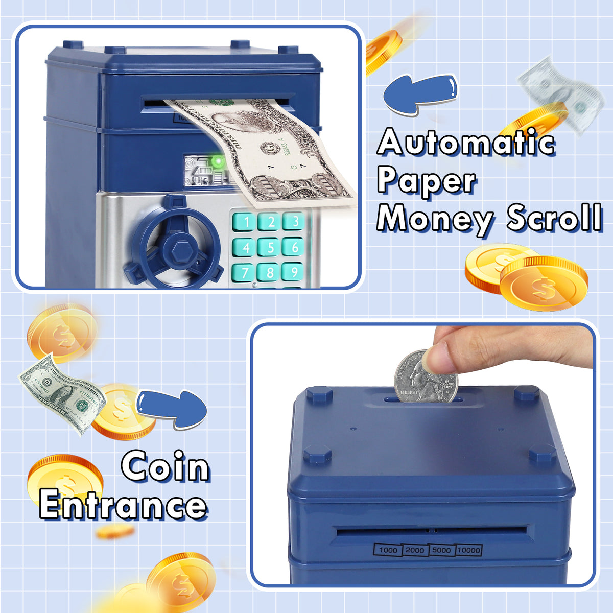 Piggy Bank for Kids Girls Boys, Large Electronic Money Saving Box with Password Protection, Automatic Paper Money Scroll - Blue